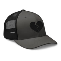 Heather/ Black trucker hat featuring Black Broken Heart Valentines Day embroidered artwork, product image 7