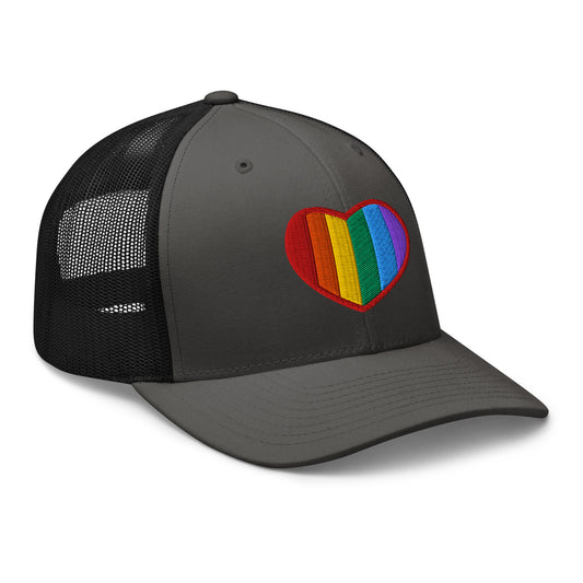 Black trucker hat featuring Gay Pride Rainbow Colors Heart embroidered artwork, product image 1