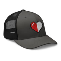 Pink trucker hat featuring Retro 8 Bit Video Game Pixelated Half Life Heart embroidered artwork, product image 6