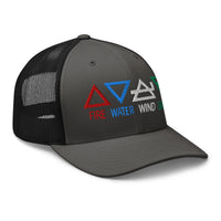 Pink trucker hat featuring Four Elements of Matter: Fire, Water, Wind, Earth embroidered artwork, product image 6