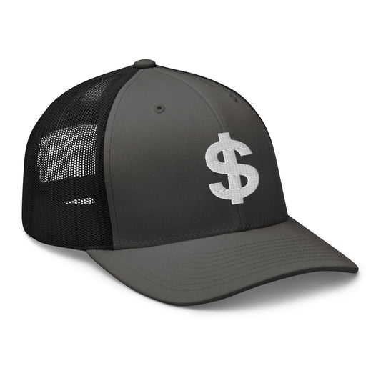 Black trucker hat featuring The Almighty US Dollar Sign Symbol of Money embroidered artwork, product image 1