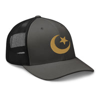 Pink trucker hat featuring Star and Crescent Moon Gold Ancient Symbol embroidered artwork, product image 6