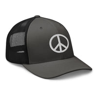 Pink trucker hat featuring Peace Symbol Icon Namaste No War embroidered artwork, product image 6