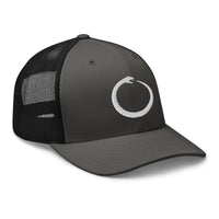 Black trucker hat featuring Ouroboros Snake Eating Tail Alchemy Symbol embroidered artwork, product image 1