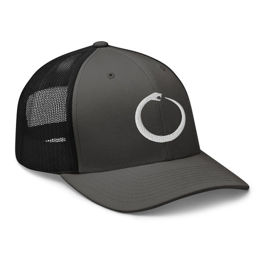 Black trucker hat featuring Ouroboros Snake Eating Tail Alchemy Symbol embroidered artwork, product image 1