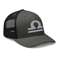 Pink trucker hat featuring Zodiac Sign Libra embroidered artwork, product image 6