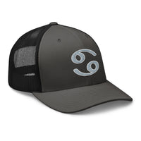 Pink trucker hat featuring Zodiac Sign Cancer embroidered artwork, product image 6