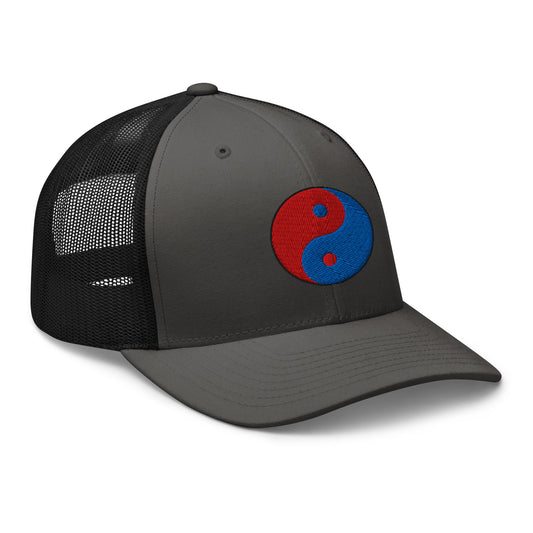 Black trucker hat featuring Fire Ice Yin Yang Chinese Symbol embroidered artwork, product image 1