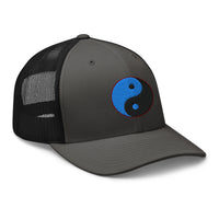 Pink trucker hat featuring Yin Yang Blue Chinese Symbol embroidered artwork, product image 6