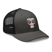 Pink trucker hat featuring WWII Era Bio Hazard Gas Mask embroidered artwork, product image 6