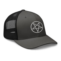 Pink trucker hat featuring White Woven Inverted Pentagram Symbol embroidered artwork, product image 6