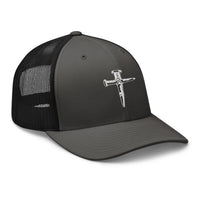 Pink trucker hat featuring Wooden Stakes Cross Vampire Hunter embroidered artwork, product image 6