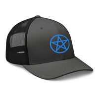 Pink trucker hat featuring Blue Wiccan Witchcraft Pentagram embroidered artwork, product image 6