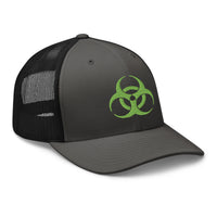 Pink trucker hat featuring Green Bio Hazard Symbol Warning Sign embroidered artwork, product image 6