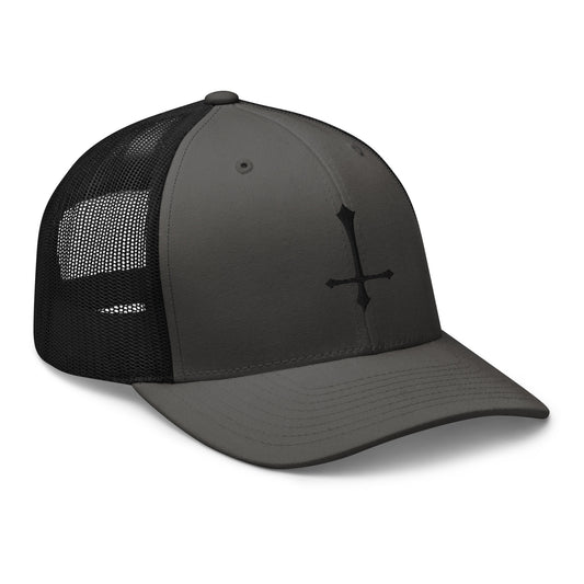 Black trucker hat featuring Black Inverted Cross Occult embroidered artwork, product image 1