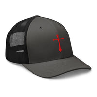 Pink trucker hat featuring Red Gothic Medeival Cross embroidered artwork, product image 6