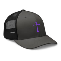 Pink trucker hat featuring Purple Gothic Medeival Cross embroidered artwork, product image 6