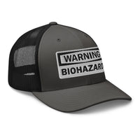 Pink trucker hat featuring White Warning Sign Bio Hazard embroidered artwork, product image 6