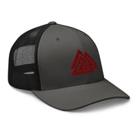 Pink trucker hat featuring Red Viking The valknut Triangles of Power embroidered artwork, product image 6