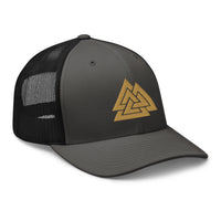 Pink trucker hat featuring Old Gold Viking The valknut Triangles of Power embroidered artwork, product image 6
