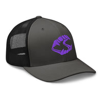 Pink trucker hat featuring Purple Vampire Novelty Fangs embroidered artwork, product image 6