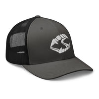 Pink trucker hat featuring White Vampire Novelty Fangs embroidered artwork, product image 6