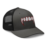 Pink trucker hat featuring Bloody Dracula Vampire Fangs embroidered artwork, product image 6