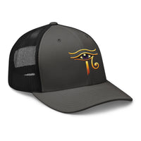 Heather/ Black trucker hat featuring Sun God Eye of Ra embroidered artwork, product image 6