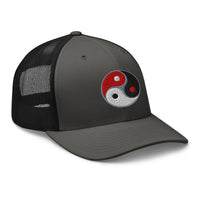 Heather/ Black trucker hat featuring Triple Yin Yang Chinese Symbol embroidered artwork, product image 6