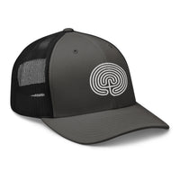 Heather/ Black trucker hat featuring Ancient Labyrinth Maze Symbol embroidered artwork, product image 6