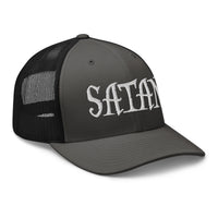 Heather/ Black trucker hat featuring White Satan Pure Evil embroidered artwork, product image 7