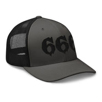 Heather/ Black trucker hat featuring Black 666 embroidered artwork, product image 7