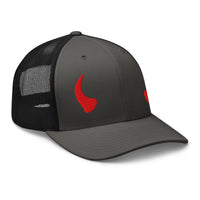 Heather/ Black trucker hat featuring Red Devil Horns embroidered artwork, product image 7
