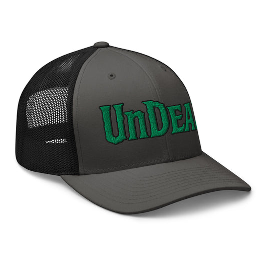 Black trucker hat featuring Undead Zombie embroidered artwork, product image 1