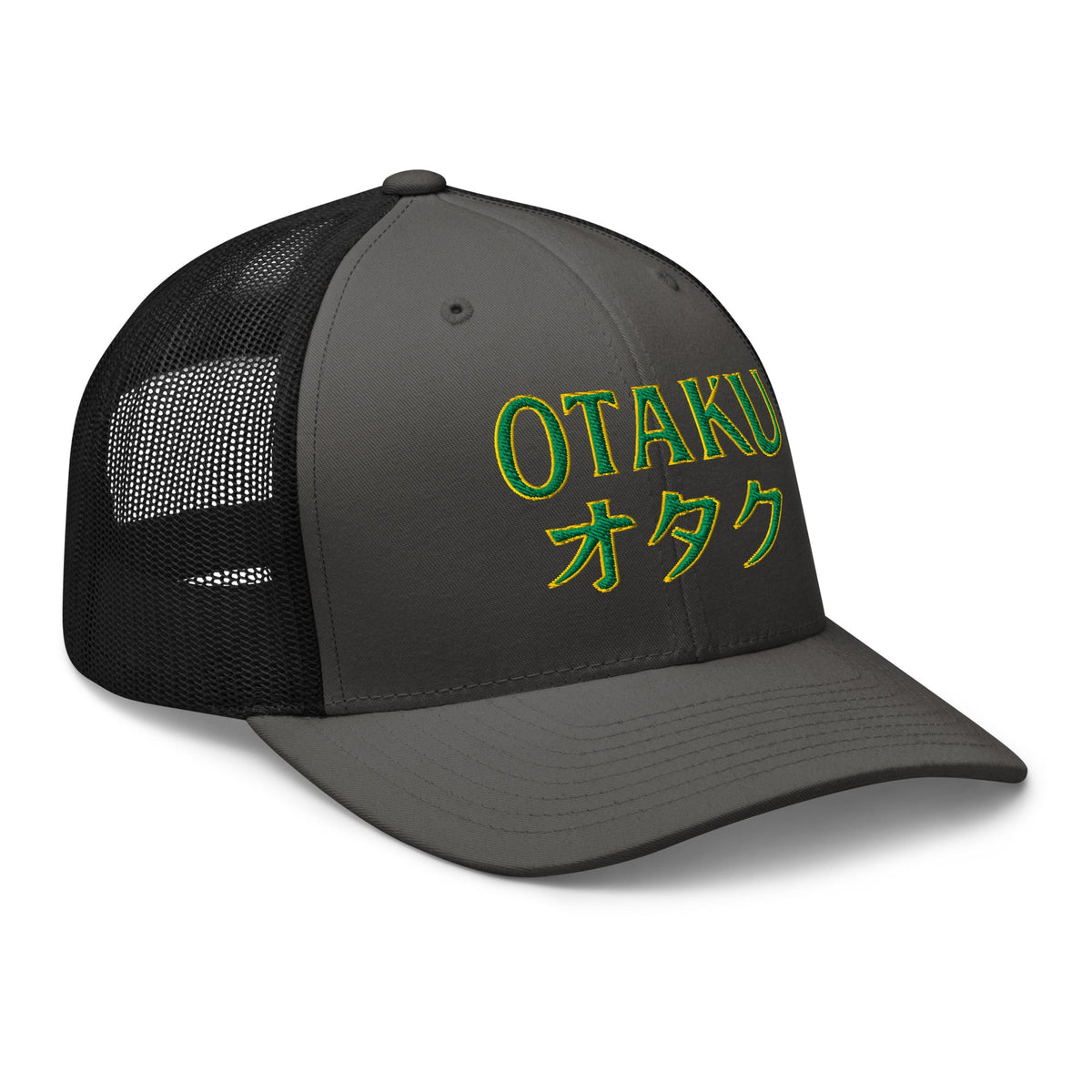 Heather/ Black trucker hat featuring Otaku オタク Japanese Culture embroidered artwork, product image 6