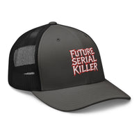 Heather/ Black trucker hat featuring Future Serial Killer embroidered artwork, product image 6