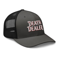 Heather/ Black trucker hat featuring Death Dealer embroidered artwork, product image 6