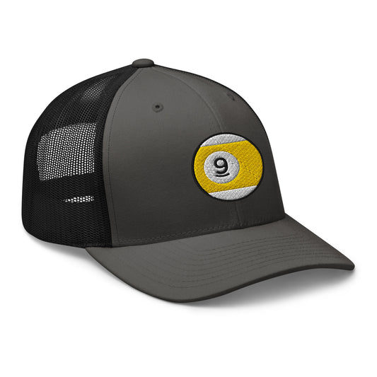Black trucker hat featuring Nine Ball Line Billiards embroidered artwork, product image 1