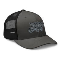 Heather/ Black trucker hat featuring Future Corpse Horror Funeral embroidered artwork, product image 6