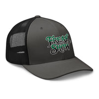 Heather/ Black trucker hat featuring Freak Show Horror Carnival embroidered artwork, product image 6