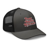 Heather/ Black trucker hat featuring Dark Truth Revealed True Crime embroidered artwork, product image 6