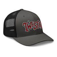 Heather/ Black trucker hat featuring Twisted Horror Carnival embroidered artwork, product image 6