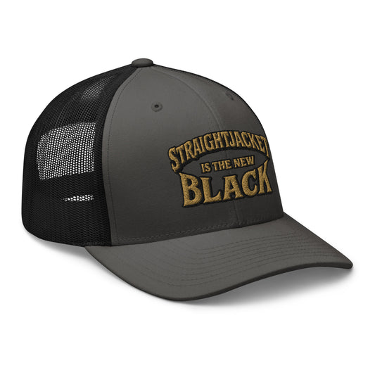 Black trucker hat featuring Straightjacket Is the New Black embroidered artwork, product image 1