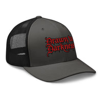 Heather/ Black trucker hat featuring Drawn to Darkness Horror embroidered artwork, product image 6