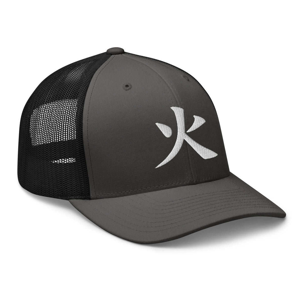 Pink trucker hat featuring Japanese Kanji Fire 火 embroidered artwork, product image 6