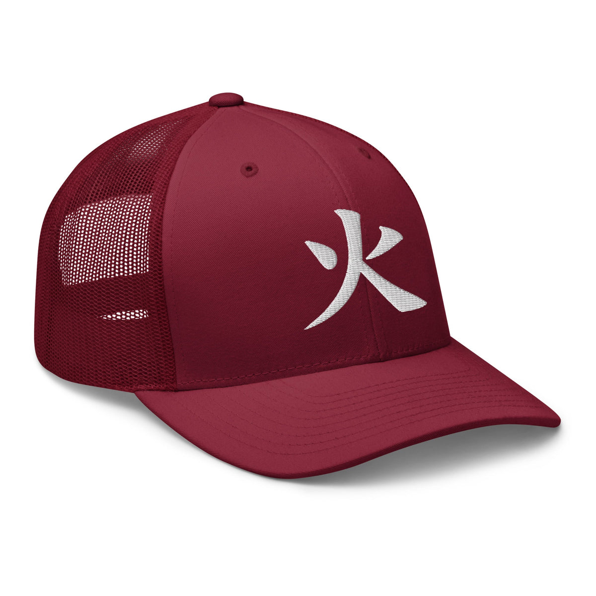 Heather/ Black trucker hat featuring Japanese Kanji Fire 火 embroidered artwork, product image 7