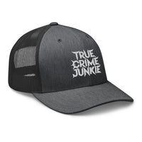 Heather/ Black trucker hat featuring True Crime Junkie embroidered artwork, product image 7