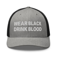 White trucker hat featuring Wear Black Drink Blood embroidered artwork, product image 9