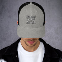 Black/ White trucker hat featuring Otaku オタク Anime embroidered artwork, product image 2