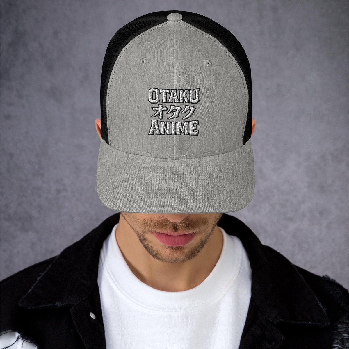 Black/ White trucker hat featuring Otaku オタク Anime embroidered artwork, product image 2
